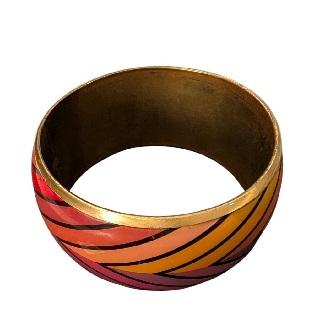 Vintage Wide Bangle Bracelet Geometric Chevron Red Orange Purple Brass Tone 1.5"